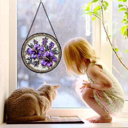 Stained Glass Window Hanging, Purple Flowers Romantic Suncatcher for Doors Home Sun Catchers Decoration and Christmas, Mother's Day Birthday Gifts for Women, Men, and Mom 6.3 in