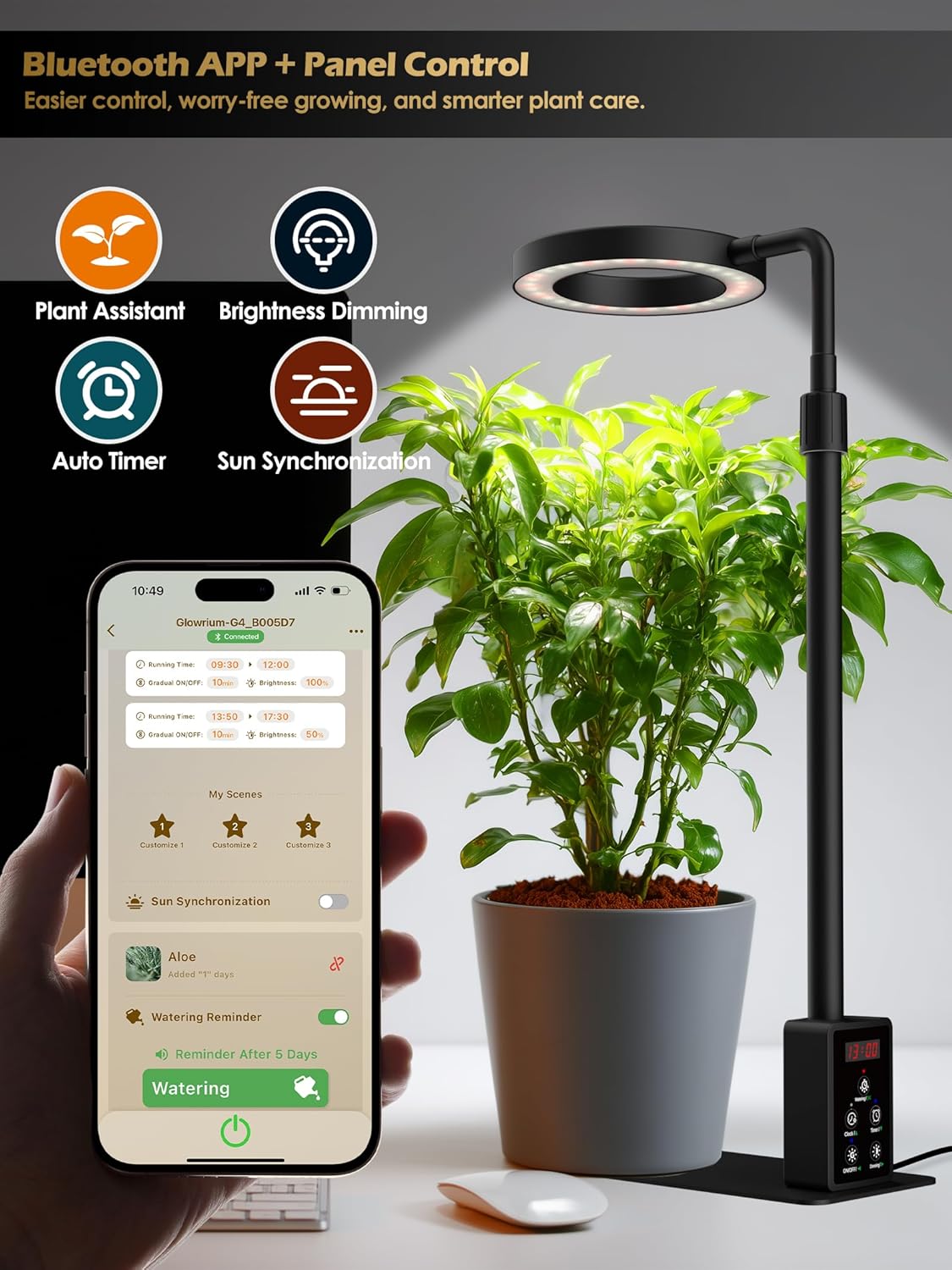 Grow Light with Stand, LED Plant Light for Indoor Plants, Full Spectrum Grow Lamp, Adjustable Height (Black, 8W)