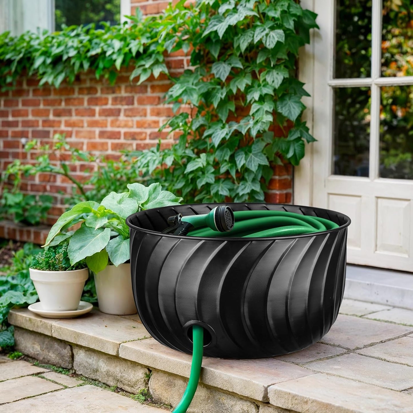 Monarch Abode Decorative Garden Hose Holder with Lid, Matte Black Storage for Outdoor Use, 100 ft Water Hose Pot for Outside, Wave Embossed Metal Pot with Drainage, Garden Storage Organizer
