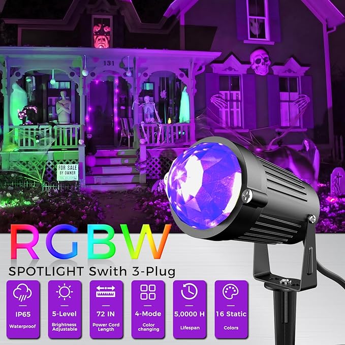 Halloween Christmas Outdoor Spot Lights Black Light Projector, 12W IP65 Waterproof LED Spotlight Outdoor Landscape Lighting with 16 Color Changing for Yard Garden Decorations(2Pack)