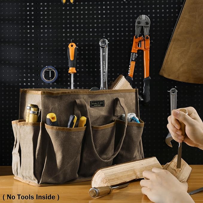 16OZ Waxed Canvas Tool Tote Bag for Garden Tools Wrench Set & Screwdrivers | 11-Pocket Garden Tool Bag with Portable Handles, Multi-Purpose Tool Storage Organizer (14"L x 5.5"W x 10.5"H) – Grey
