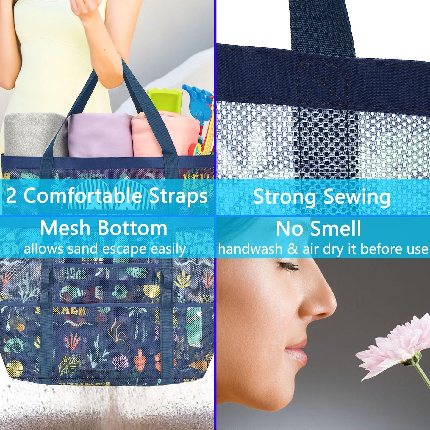 Mesh Beach Bag, Large Beach Tote with Zipper Pocket for Family Pool Bag for Toys & Vacation Essentials