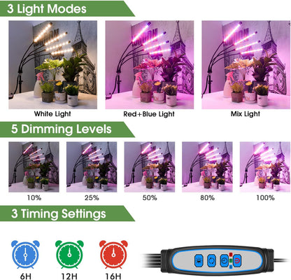 Wolezek Plant Light for Indoor Plants, 4-Head 80 LED Full Spectrum Grow Lights for Seed Starting with 15-61 inches Adjustable Tripod Stand, Red Blue Warm White Floor Grow Lamp with Auto 6/12/16H Timer