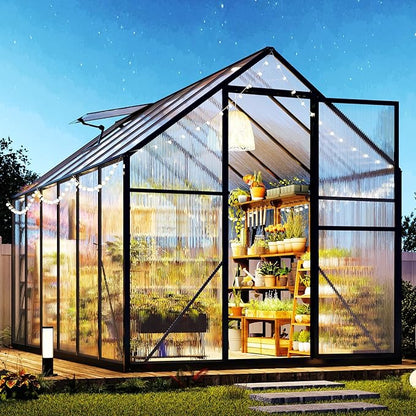 Jocisland 6x10x6.3 FT Polycarbonate Greenhouse for Outdoors with 2 Windows, Dual Swing Doors, Aluminum Walk-in Frame, Heavy Duty Garden Greenhouse for Backyard, Black
