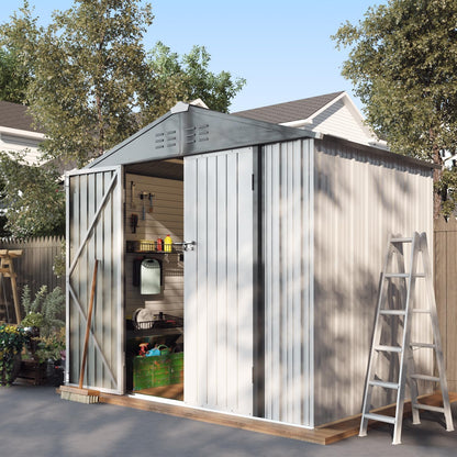 Greesum 8x6FT Outdoor Storage Shed, Utility Tool Shed Metal Storage Garden Shed with Door & Lock for Patio Storage, White