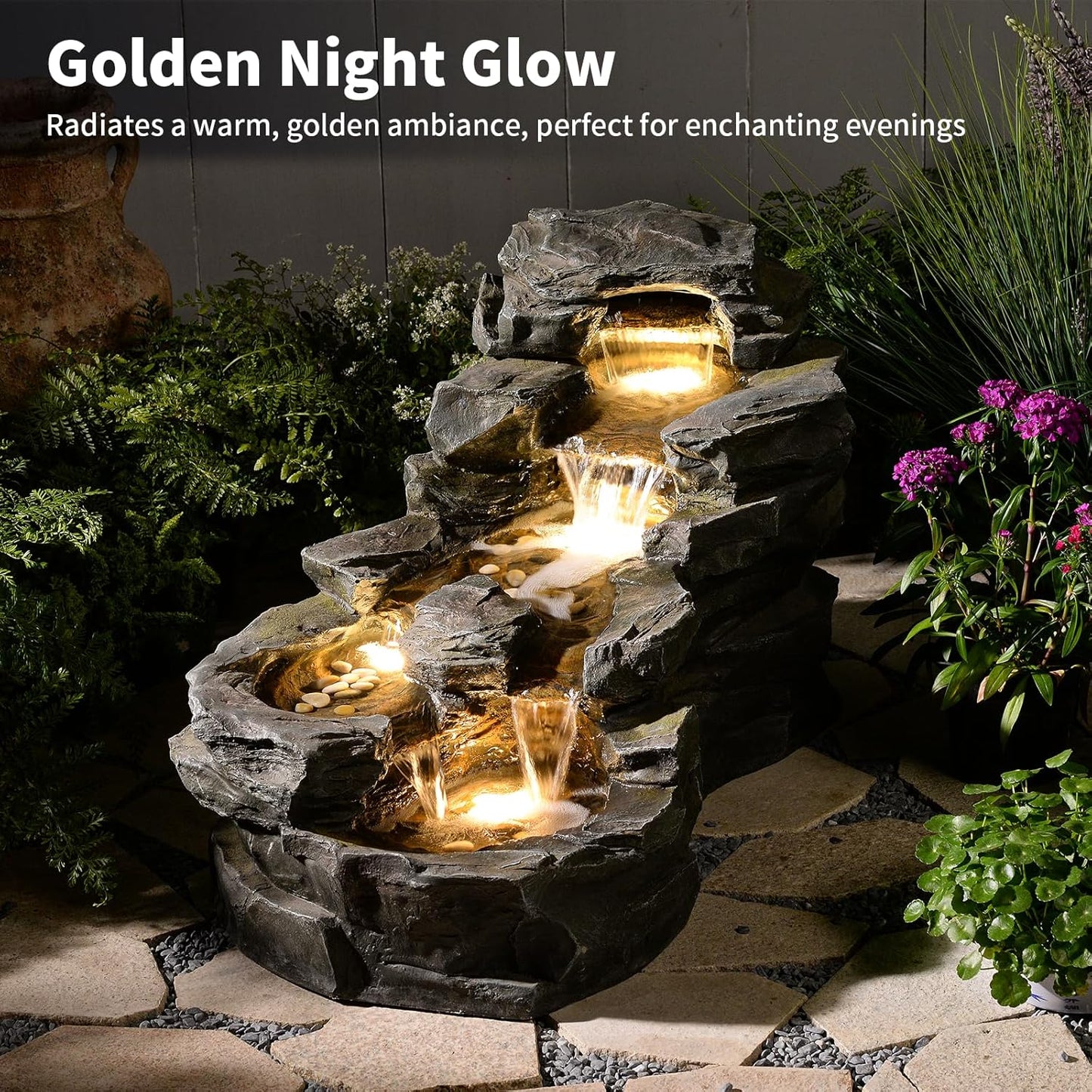 37" L Garden Outdoor Water Fountain, Floor Standing 5-Tiers Rock Natural Waterfall Outdoor Fountains with LED Lights for Patio, Porch, Home Art Decor
