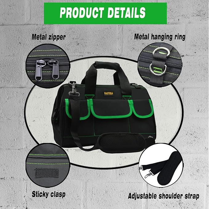FASTECH 20 Inch Tool Bag With Comfortable Shoulder Straps, Waterproof Wide Mouth Tool Kit, Large Tool Bag Tool Storage Package For Men/Women (20IN Green)