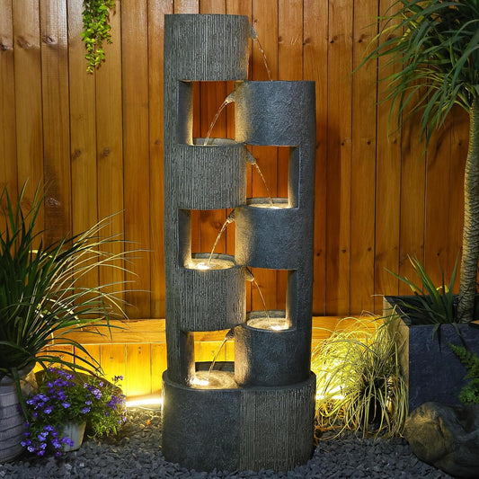 51" Outdoor Water Fountain Uneven Cylinders Waterfalls Fountain Floor Standing Water Fountains with LED Lights, Pump, Natural Stones for Garden, Living Room, Patio