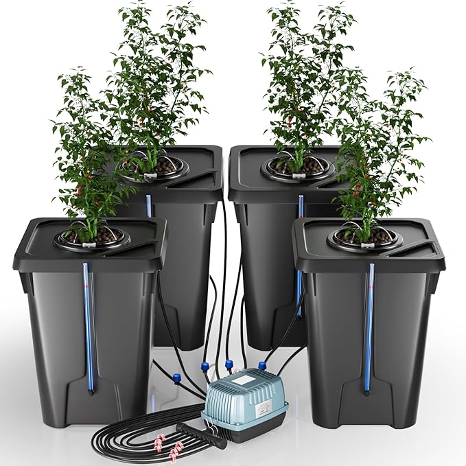 4 Buckets DWC Hydroponics Growing System with Top Drip Kit 7 Gallon Deep Water Culture Bucket System with Air Pump, Air Stone, Air Hose, Recirculating Drip Garden System