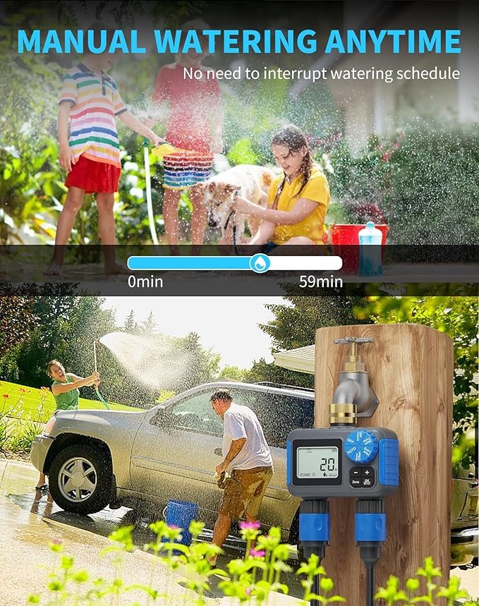 Sprinkler Timer, 2 Zone Programmable Hose Timers for Watering with Brass Swivel, Digital Irrigation Controller System with Rain Delay/Manual/Automatic Watering for Outdoor Garden Yard Lawn