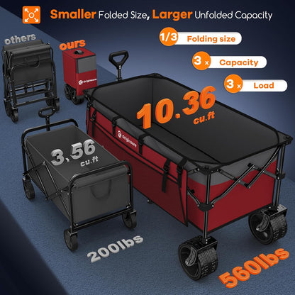 48" L Collapsible Wagon Cart Foldable, 560lbs Weight Capacity 300L Heavy Duty Folding Beach Wagons with Big All-Terrain Wheels, Utility Carts for Groceries, Shopping, Camping, Sports - Grey&Red