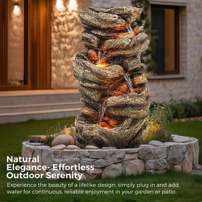 32" High Outdoor Water Fountain, 5-Tiers Cascading Rock Waterfall with LED Lights for Garden, Patio, Yard Decor, Soothing Tranquility for Any Outdoor Living Space