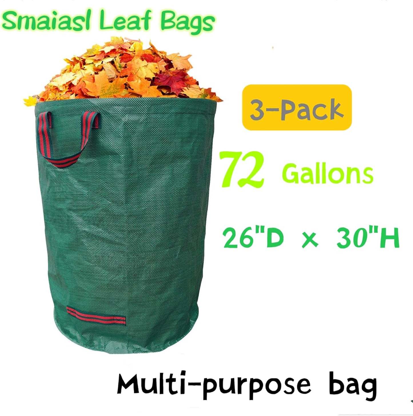 3-Pack 72Gallons Reusable Yard Waste Bags,Leaf Bags,Heavy Duty Garden Bags(26"D x 30"H) With 4 Handles,and With Gardening Gloves,For Lawn Yard Pool Plant Trash Trimming etc..