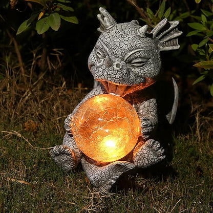 Garden Dragon Statue Solar Powered Outdoor Figurine Light Decor Cute and Hold Glowing Glass Ball Resin Sculpture Home Decoration for Porch Patio Lawn Farm Yard Housewarming Ornament Gift