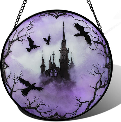 Stained Glass Window Hanging - Halloween Gothic Castle Purple Smoke Suncatcher for Doors Garden Home Spooky Crow Sun Catchers Gothic Decor Horror Gift for Women Men Friend Boy Girl 9.8 in