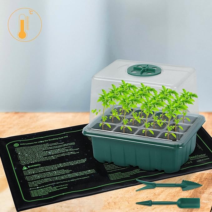 Seedfactor 7-Pack Seed Starter Tray with Heat Mat (12 Cells per Tray), Plant Germination Trays with Adjustable Humidity Dome Seed Trays Seedling Starter with Base Trays for Germination