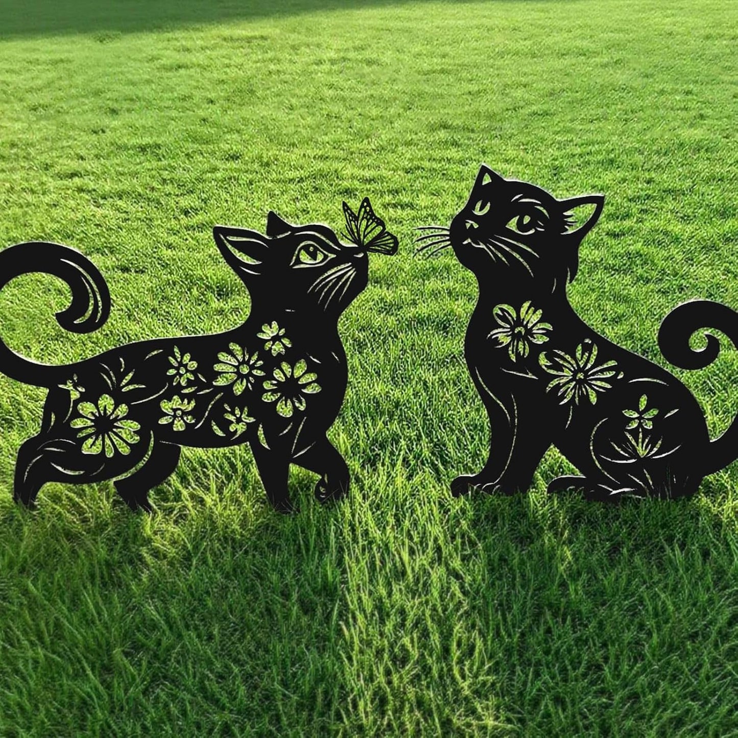 Metal Cat Garden Decor for Outside (2 Pack), 14 Inch Yard Art Stakes,Cat Gifts for Kitty Lovers, Outdoor Lawn Statues and Weather Resistant Yard Art