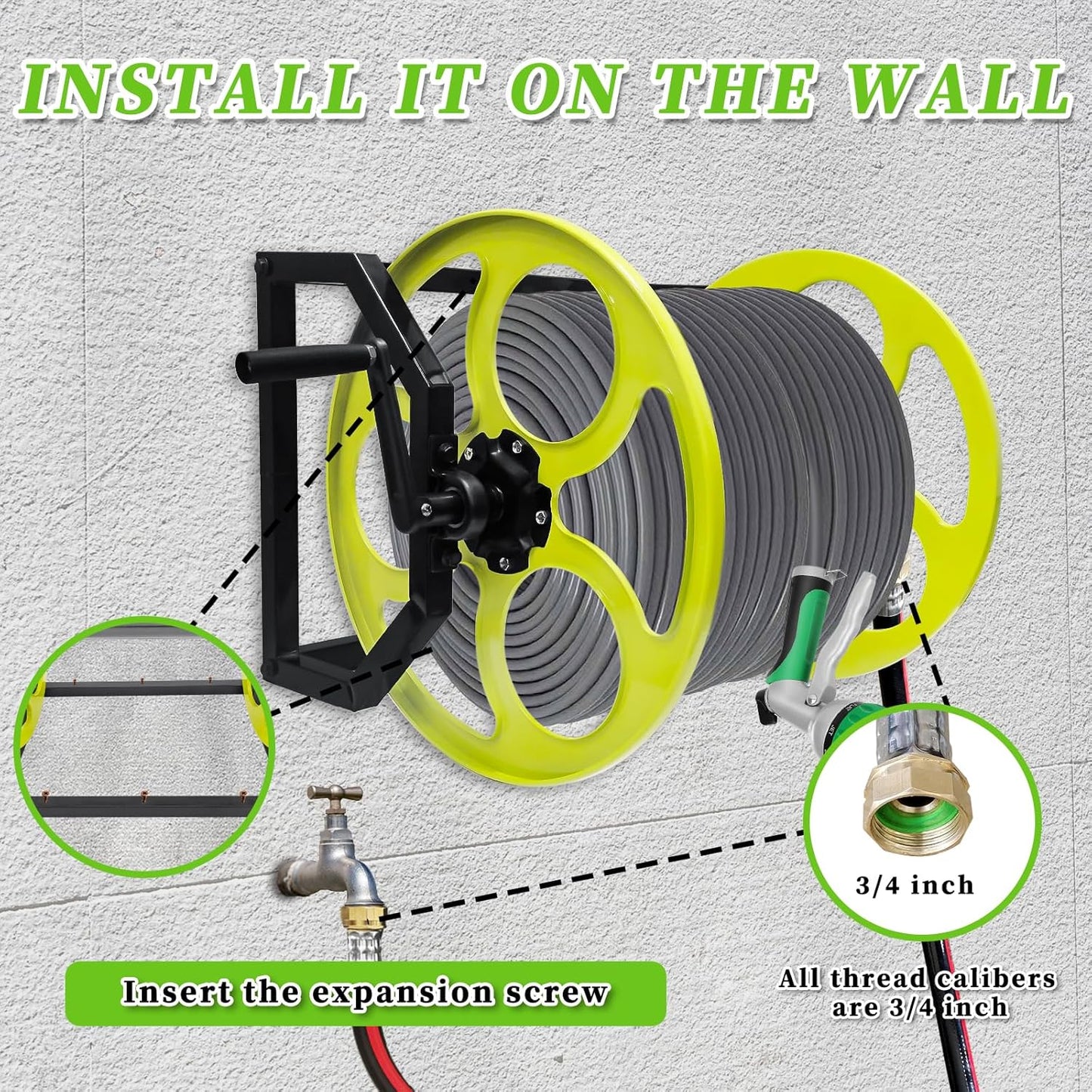 Garden Hose Reel Heavy Duty ，for 5/8" Hose Reel with Crank Handle Retractable, Wall/Floor Mount Metal Hose Reel, Holds up to 400-Feet. (With 5 FT Hose included)