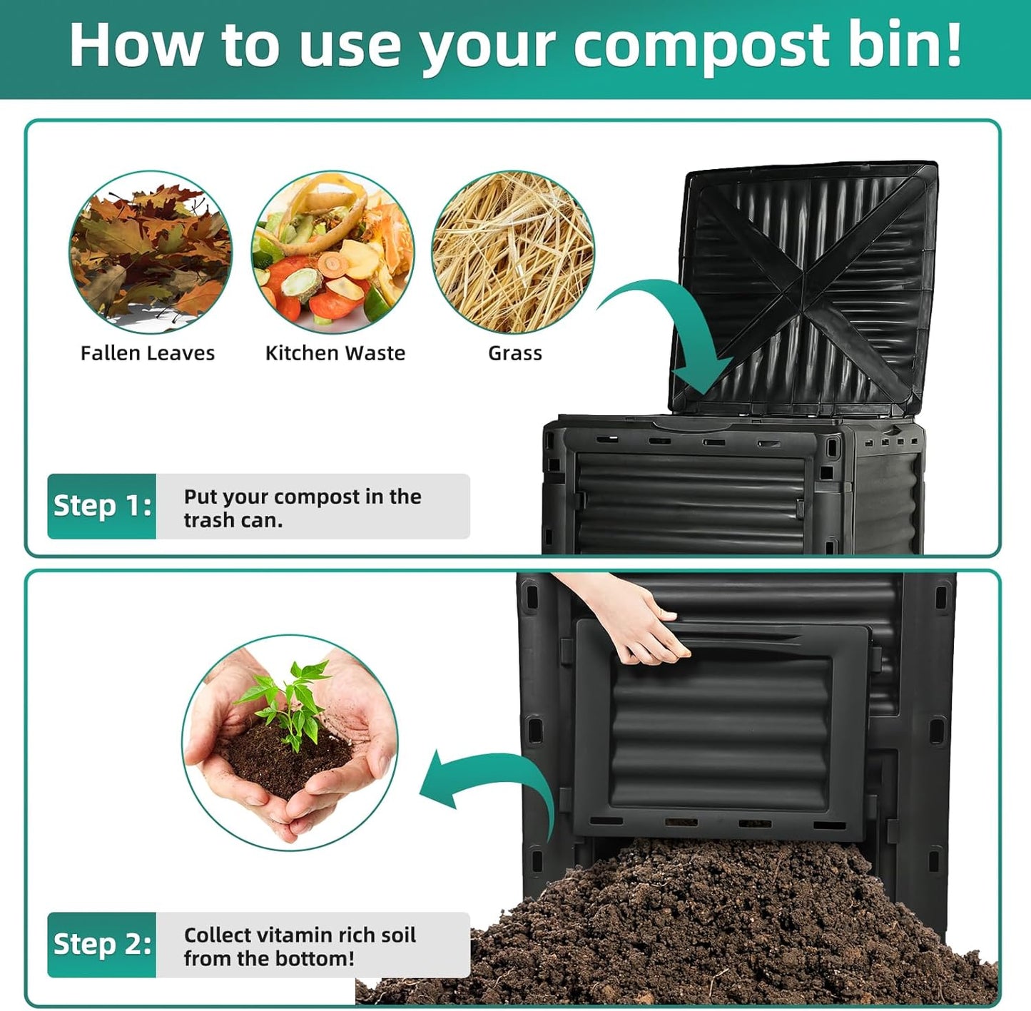 Compost Bin Outdoor 80 Gallon (300L) Large Compost Bin Composter with w/Top Flip Latch-on Lid BPA-Free Composter Barrel for Garden, Kitchen, and Yard Waste, Black, Easy Assembly