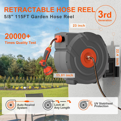 Upgraded Retractable Garden Hose 5/8 in x 115 ft Heavy Duty Wall-Mounted Hose Reel 180°Swivel Automatic Slow Return Any Length Lock 9 Pattern Nozzle UV Resistant (Black)