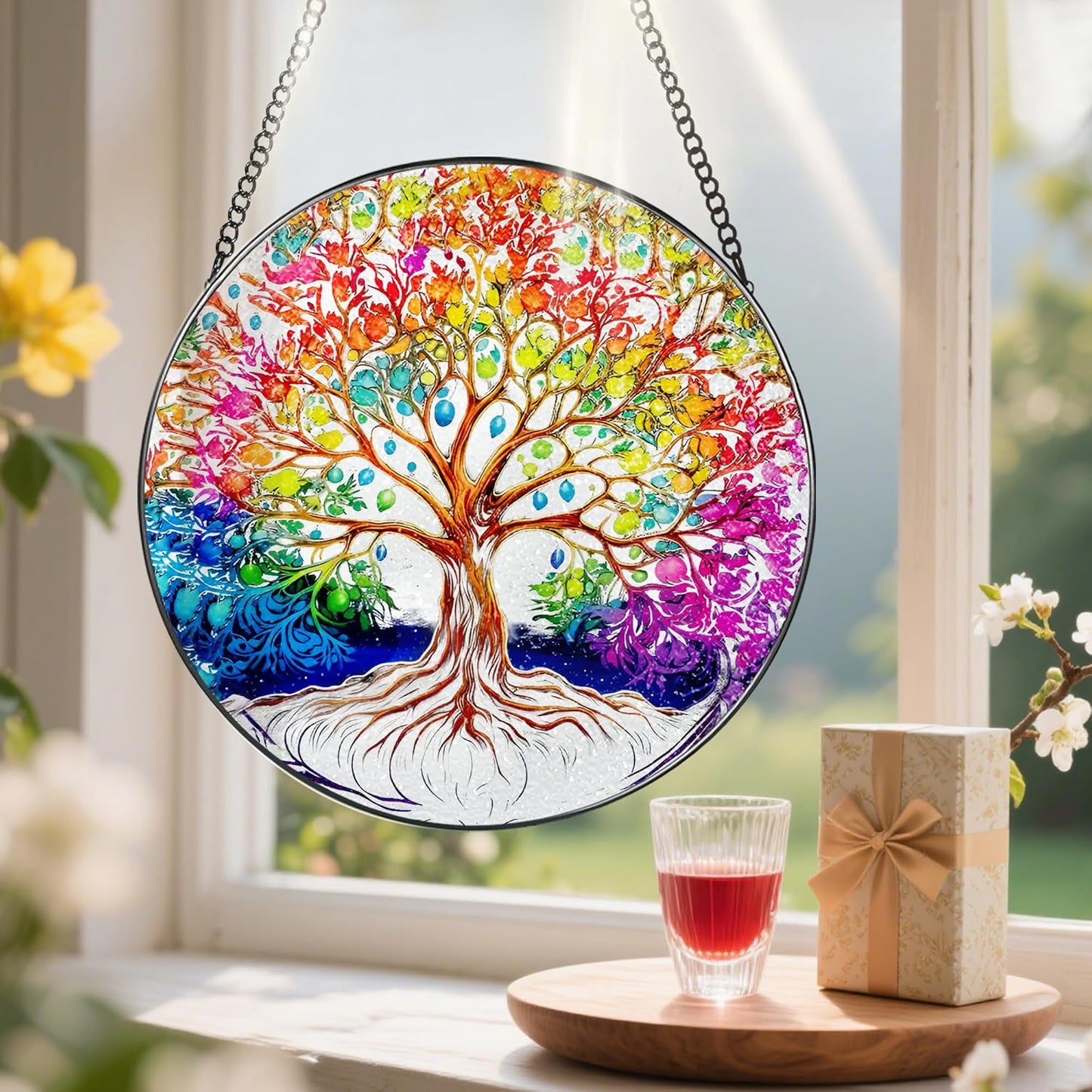 Stained Glass Window Hanging, Pauyadu Tree of Life Sun Catchers Indoor Window, Tree of Life Suncatcher Decor Gifts for Women, Mom, Grandma, Elder, Family and Friends- 8 Inch