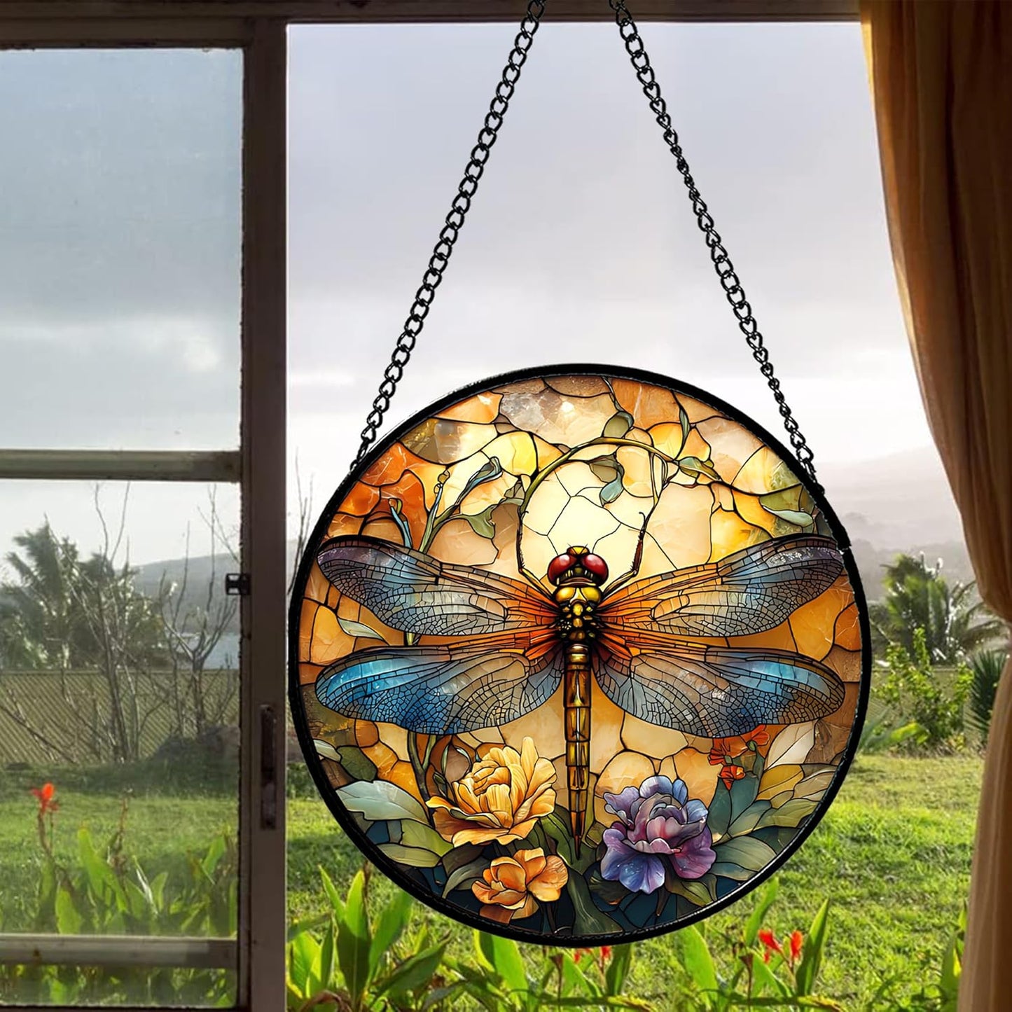 Stained Glass Window Hanging - Orange Blue Dragonfly Flower Suncatcher for Doors Window Home Sun Catchers Decor Christmas Mother's Day Birthday Outdoor Gifts for Women Men Mom Nana 14.9 in