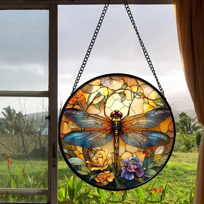 Stained Glass Window Hanging - Orange Blue Dragonfly Flower Suncatcher for Doors Window Home Sun Catchers Decor Christmas Mother's Day Birthday Outdoor Gifts for Women Men Mom Nana 7.8 in