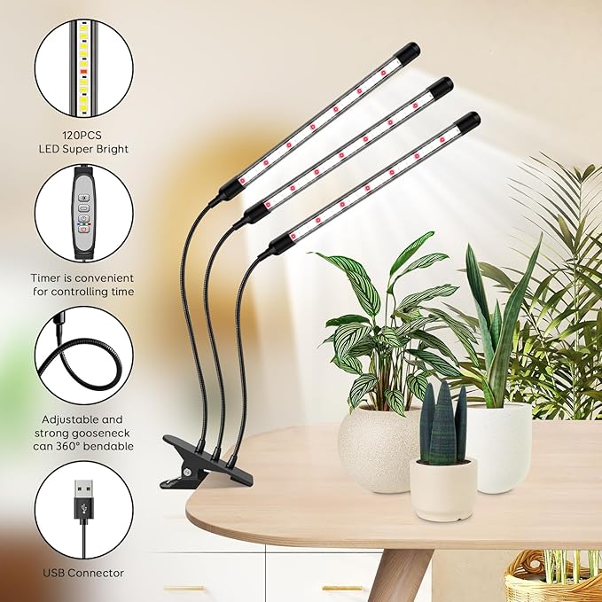 3 Head Grow Lights for Seed Starting, 6000K Full Spectrum Grow Lights for Indoor Plants with 6/12/18H Auto Timer, 5 Dimmable Level Plant Light, Plant Lamp Clip-on Desk for Indoor Plant Growing