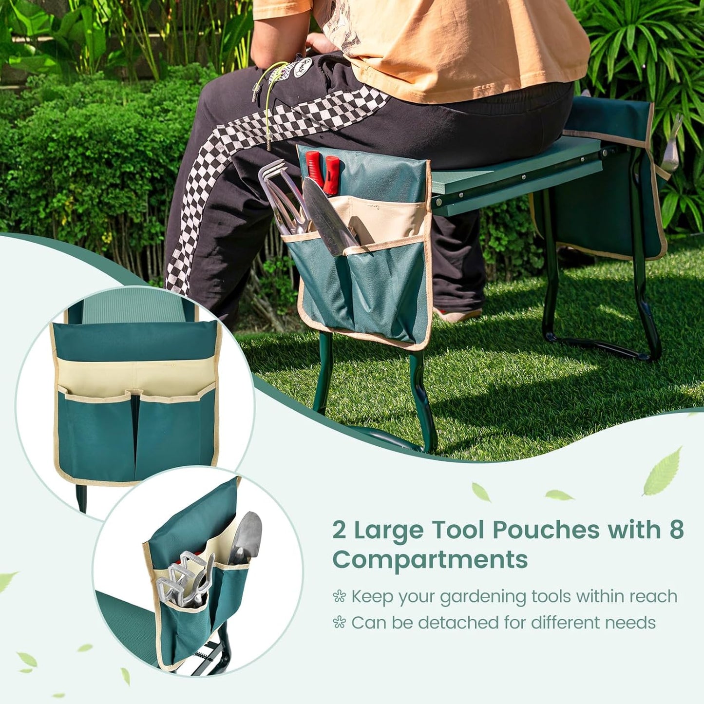 Nightcore Garden Kneeler and Seat, Foldable Kneeling Bench with EVA Foam Pad, Portable Garden Stool with 2 Large Tool Bags & Heavy-Duty Metal Frame, Suitable for Gardening, Fishing, Camping