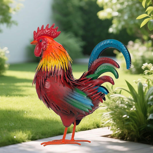 Rooster Garden Statue Sculpture Metal Chicken Yard Decor Outdoor Figurines Patio Backyard Decoration (red)