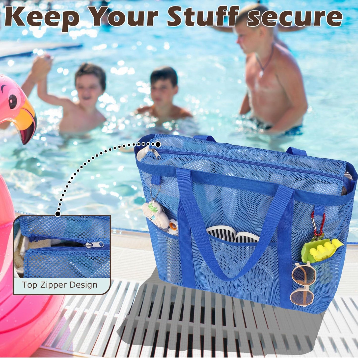 Mesh Beach Bag, Large Beach Tote with Zipper Pocket for Family Pool Bag for Toys & Vacation Essentials