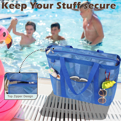 Mesh Beach Bag, Large Beach Tote with Zipper Pocket for Family Pool Bag for Toys & Vacation Essentials