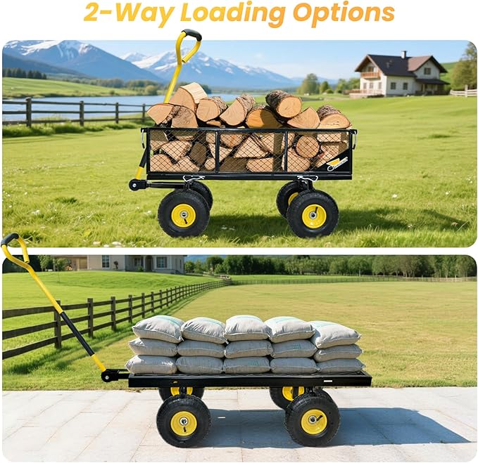 900 lbs Steel Garden Cart, Heavy Duty Yard Utility Wagon with 10" Pneumatic Tires, Removable Mesh Sides and 180° Rotating Anti-Slip Handle