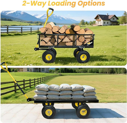 900 lbs Steel Garden Cart, Heavy Duty Yard Utility Wagon with 10" Pneumatic Tires, Removable Mesh Sides and 180° Rotating Anti-Slip Handle