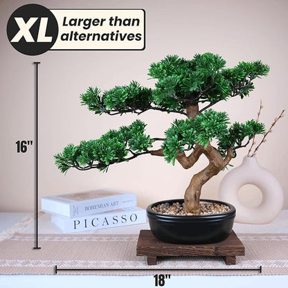 Artificial Bonsai Tree 16" Tall with Realistic Wood and Ceramic Pot Fake Plants Juniper Pine Zen Faux Plants for Home Bedroom Office Bathroom Japanese Decor