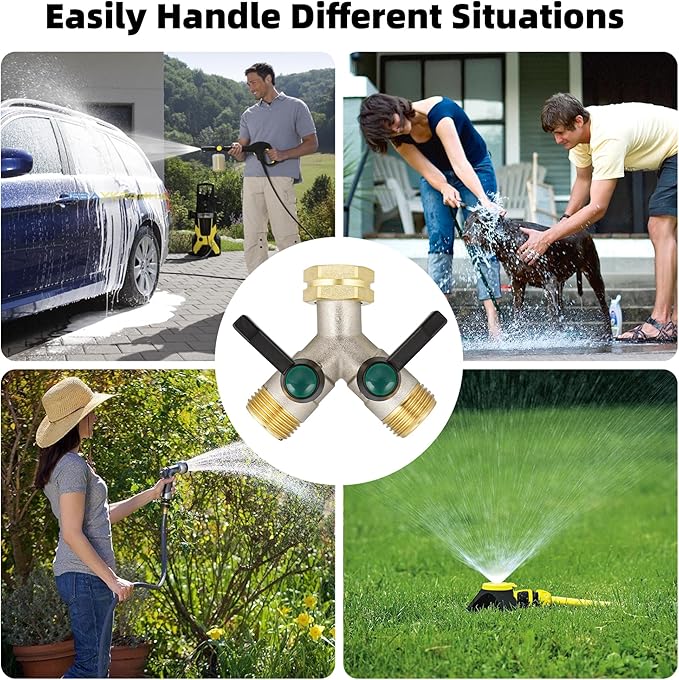 Hose Splitter 2 Way Heavy Duty, Brass Garden Hose Splitter, Faucet 2 Way hose connector, long handle 2 Way Splitter, Outdoor Faucet Splitters, Y Valve 3/4" GHT Thread.