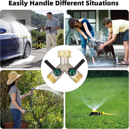Hose Splitter 2 Way Heavy Duty, Brass Garden Hose Splitter, Faucet 2 Way hose connector, long handle 2 Way Splitter, Outdoor Faucet Splitters, Y Valve 3/4" GHT Thread.