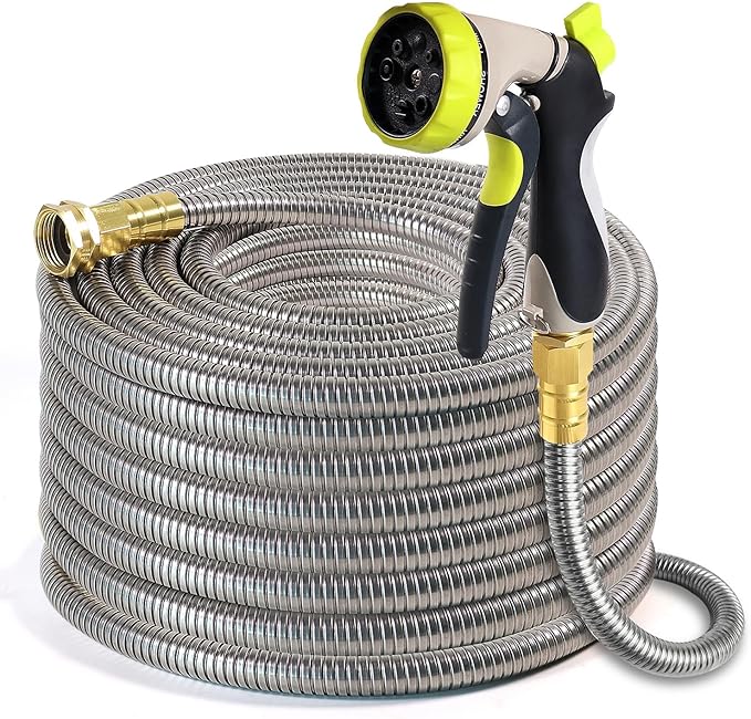Metal Garden Hose 100 ft – 304 Stainless Steel Water Hose with Nozzle Sprayer, Garden Hoses Flexible, Lightweight, No Kink, Heavy Duty for Outdoor (100 ft)
