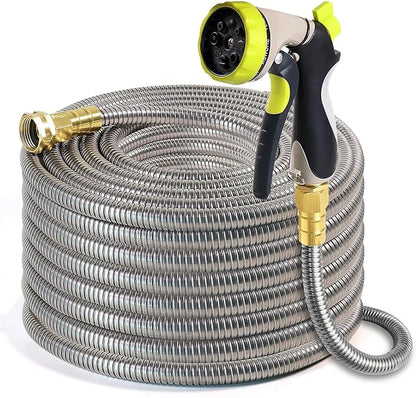 Metal Garden Hose 100 ft – 304 Stainless Steel Water Hose with Nozzle Sprayer, Garden Hoses Flexible, Lightweight, No Kink, Heavy Duty for Outdoor (100 ft)