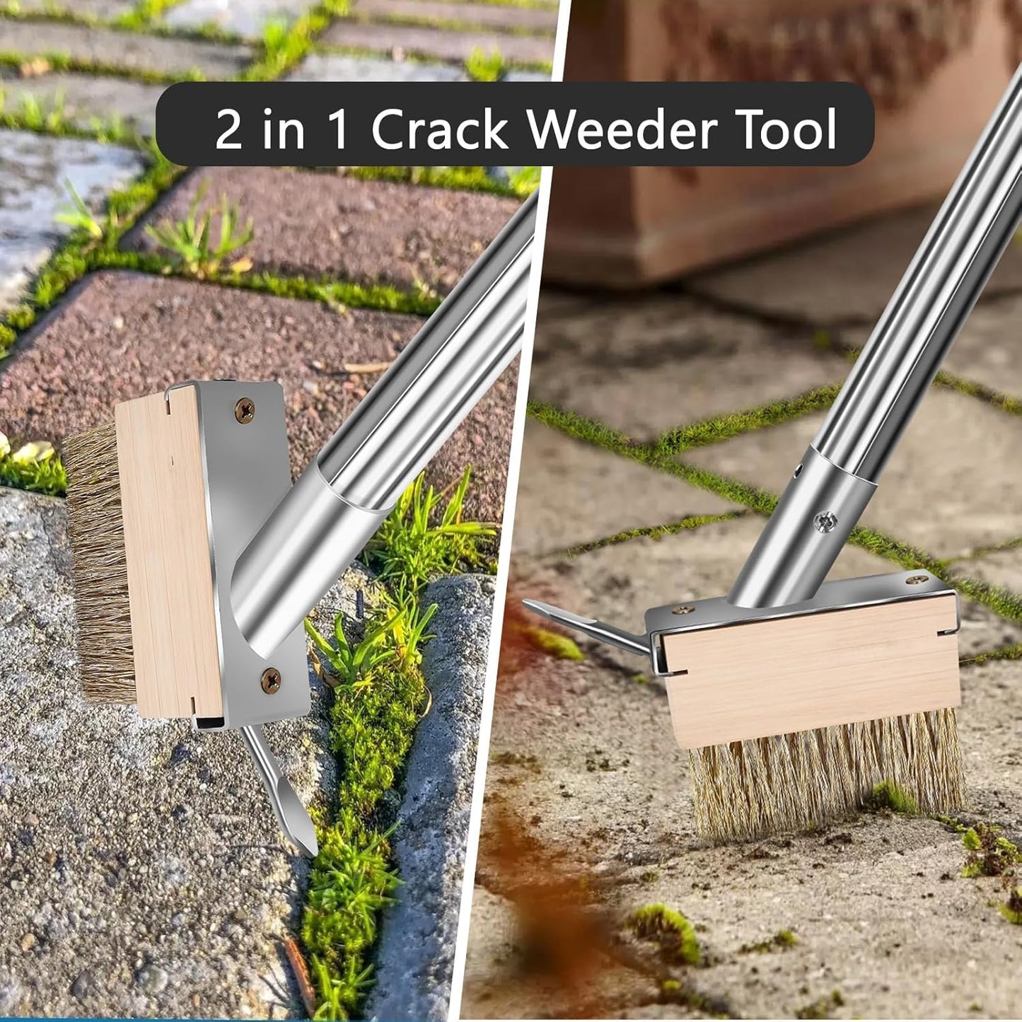 mcwdoit Crack Weeder Tool, Weed Puller Tool with 2 Heads&Scraping Hook, Paver Weeding Moss Remover Brush with Steel Handle for Cleaning Paving Joint Sidewalk Patio Stone Driveway Deck Black