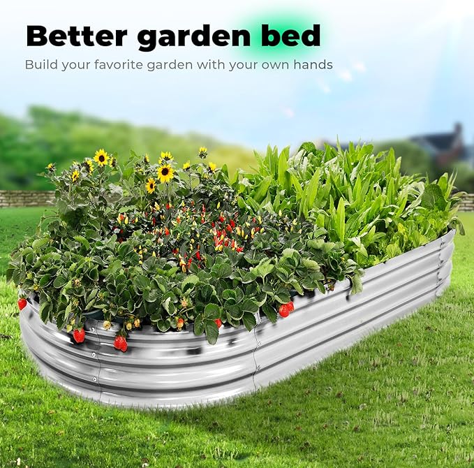 AHEONLAR Galvanized Raised Garden Bed Kit, Oval Large Metal Planter Box, Sturdy and Durable, Garden Boxes Outdoor Raised for Vegetables, Fruits, Flowers and Herbs, 4x2x1ft (Silver)
