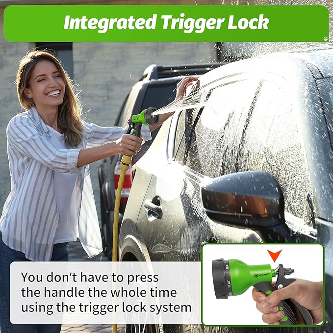 AUTOMAN-Garden-Hose-Nozzle,ABS Water Spray Nozzle with Heavy Duty 7 Adjustable Watering Patterns,Slip Resistant for Watering Plants,Lawn& Garden,Washing Cars,Cleaning,Showering Pets - Green