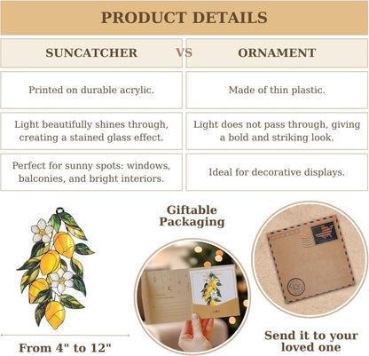 Lemon Branch Acrylic Suncatcher Stained Glass Effect Window Car Hanging Christmas Ornament Indoor Outdoor Decor Garden Sun Catcher Panel Gifts for Fruit Lover for Women Mom Grandma