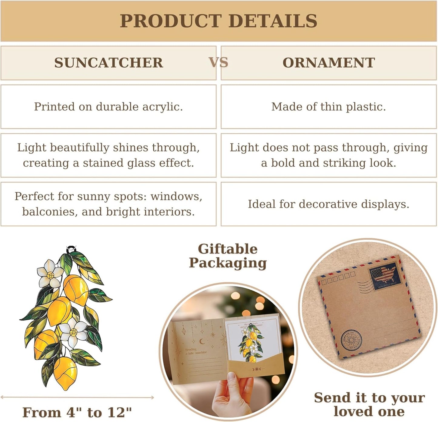 Lemon Branch Acrylic Suncatcher Stained Glass Effect Window Car Hanging Christmas Ornament Indoor Outdoor Decor Garden Sun Catcher Panel Gifts for Fruit Lover for Women Mom Grandma