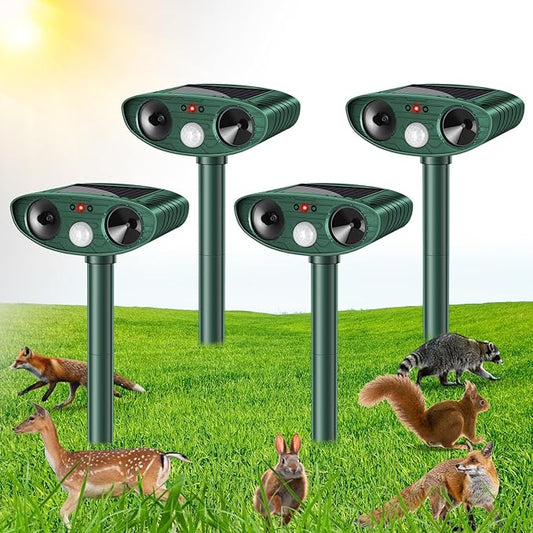 4 Pack Ultrasonic Animal Repellent Outdoor Deer Repellent Devices Ainimal Deer Cat Deterrent with Motion Sensor to Repel Squirrel Dog Rabbit Raccoon Repellent for Yard Garden