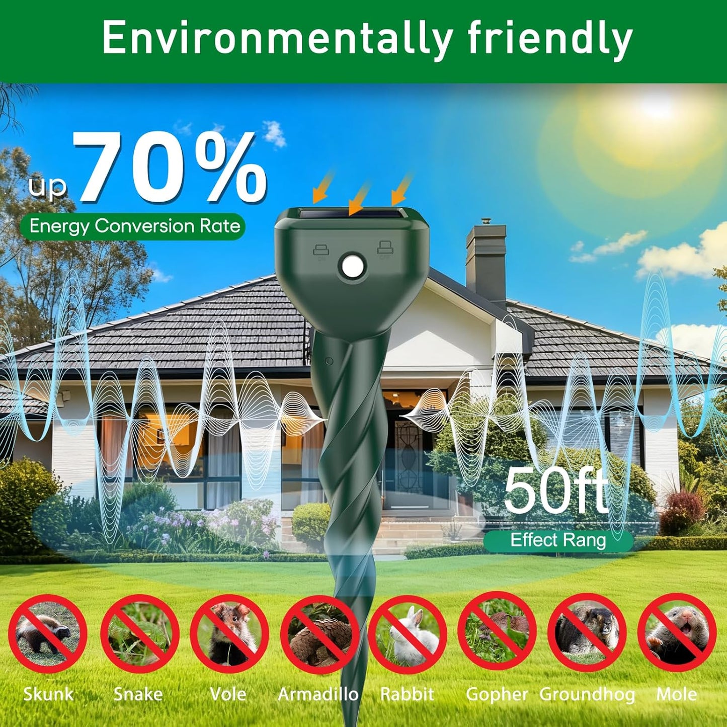Mole Repellent Solar Powered, 4 Pack Snake & Skunk Repellent for Yard, IP 65 Waterproof Ultrasonic Deterrent Stakes, Get Rid for Rabbit, Gopher, Vole, Chipmunk, Deer, Groundhog for Lawns Garden