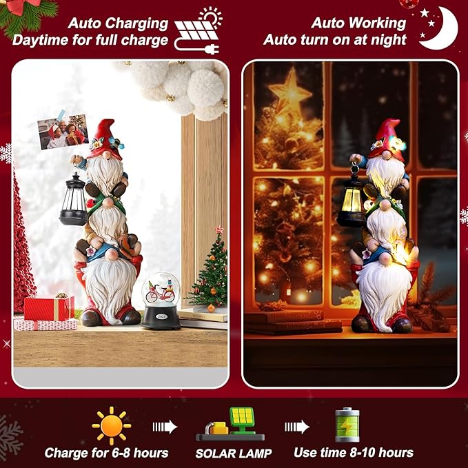 Christmas Garden Gnome Statue with Solar Lights Garden Sculptures Funny Triple Gnome Outdoor Patio Lawn Yard Balcony Home Decor Birthday Gifts for Women Mom Grandma 12 in Thanksgiving Gnome