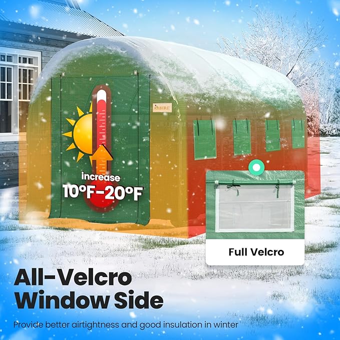 KING BIRD Premium 15x6.6x6.6FT Greenhouse for Outdoors, Large Walk-in Upgraded Galvanized Metal Frame, Mesh Door Screen Window Improved Zipper Tunnel Hoop for Garden Plant Winter, 2 Stiffeners, Green