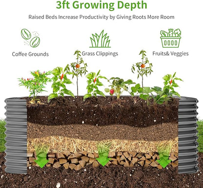 Land Guard 8x4x3ft Oval Galvanized Raised Garden Beds, Large-Capacity Metal Planter Box Outdoor, Durable Deep Raised Garden Bed 3ft Tall, Raised Beds for Gardening Vegetables, Modern Gray