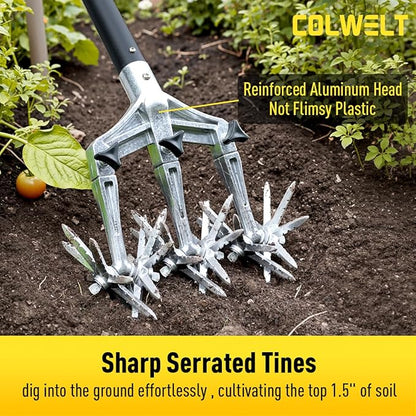 Colwelt Rotary Cultivator Garden Tool 61’’, Hand Tiller Garden Tool with Detachable Aluminum Tines, Cultivators for Gardening Soil or Reseeding Grass, Manual Cultivators & Tillers for Flowers Beds
